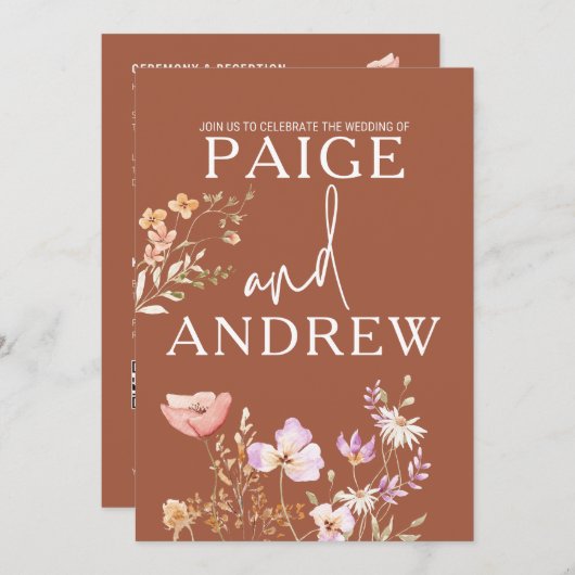 Wildblumen Teracotta Farmhouse Hochzeit Einladung (Vorne/Hinten)