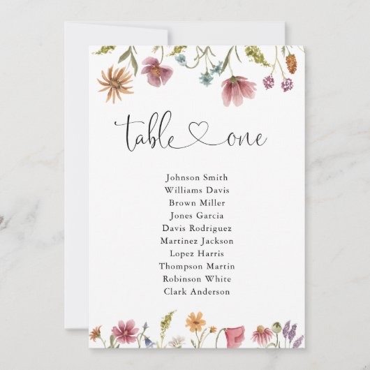 Wildblumen Tischnummer 1 Sitzdiagramm (Vorderseite)