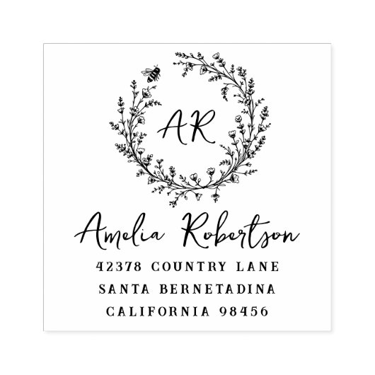 Wildblumen und Beerenmonogramm: Rustikale Anschrif Gummistempel (Prägung)