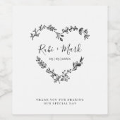 Wildblumen und Blätter Herz in Schwarz Weinetikett (Einzelnes Label)