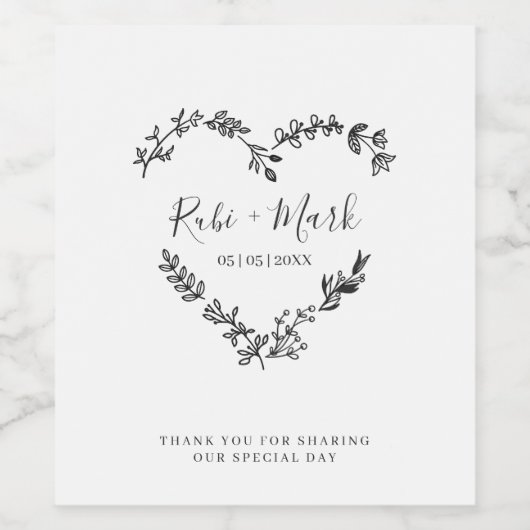 Wildblumen und Blätter Herz in Schwarz Weinetikett (Einzelnes Label)