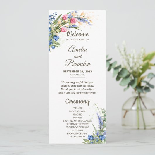 Wildblumen und Blueberry Rustic Wedding Program (Stehend Vorderseite)