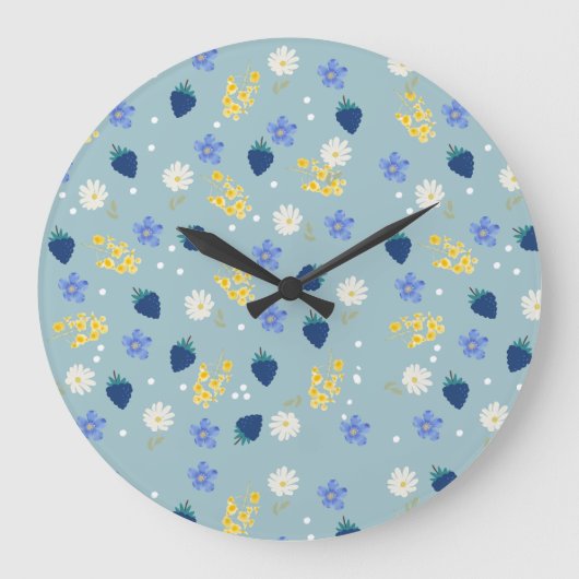 Wildblumen- und Brombeer-Blumenmuster Große Wanduhr (Vorderseite)