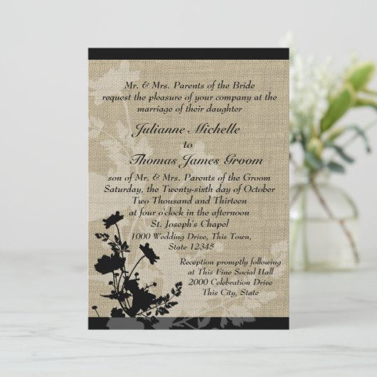 Wildblumen- und Burlap-Hochzeit Einladung (Stehend Vorderseite)