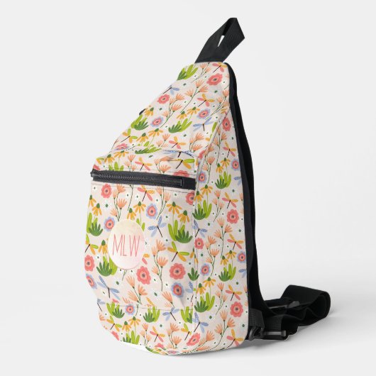 Wildblumen und Libellen Mit Monogramm Crossbody Bag (Rechte Ecke)