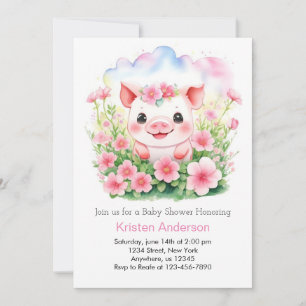 Wildblumen und Niedliche Pink Pink Piglet Girl Bab Einladung