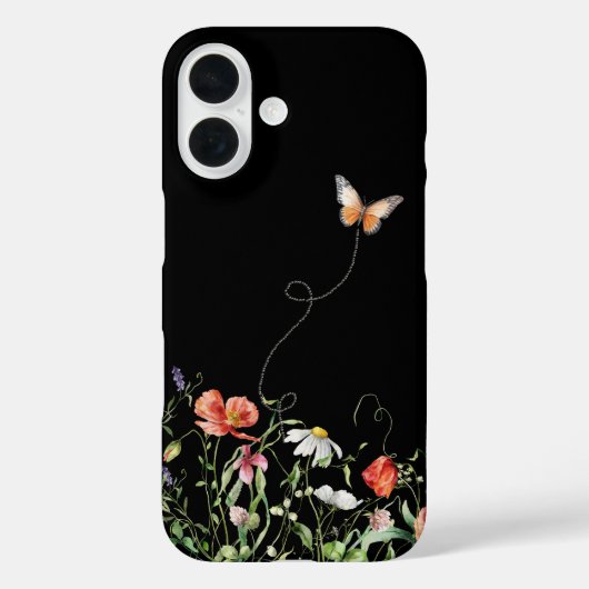 Wildblumen und Schmetterling auf Schwarz Case-Mate iPhone Hülle (Rückseite)