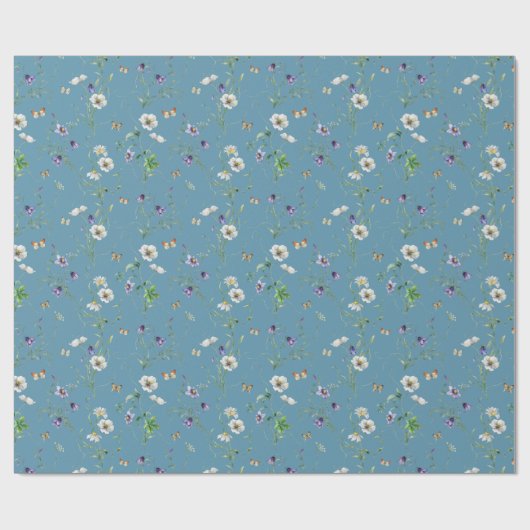 Wildblumen und Schmetterlinge auf blau Geschenkpapier (Flach)