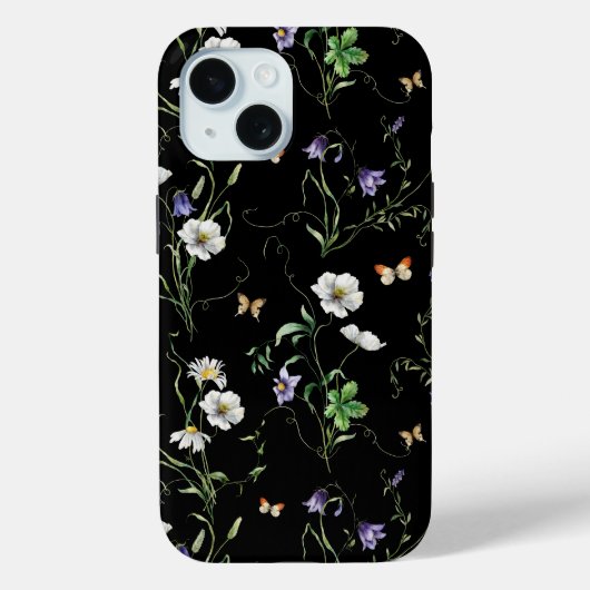 Wildblumen und Schmetterlinge auf Schwarz Case-Mate iPhone Hülle (Rückseite)