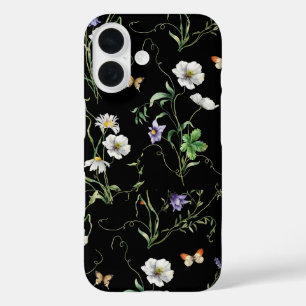 Wildblumen und Schmetterlinge auf Schwarz iPhone 16 Hülle