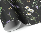 Wildblumen und Schmetterlinge auf Schwarz Geschenkpapier (Rolleneckpunkt)