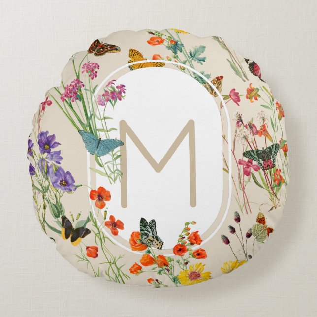 Wildblumen und Schmetterlinge Blumengarten Rundes Kissen (Vorderseite)