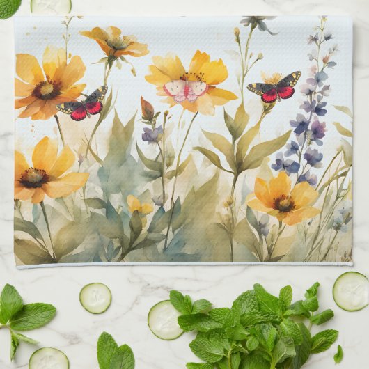 Wildblumen und Schmetterlinge Geschirrtuch (Gefaltet)