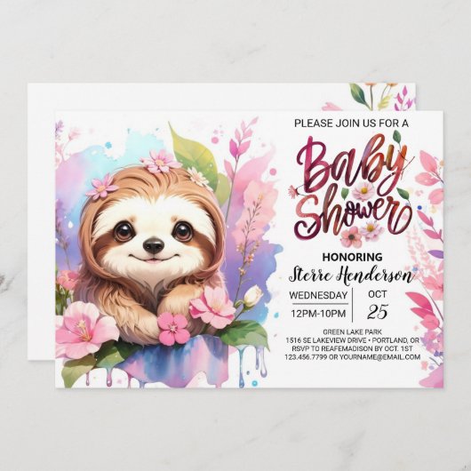 Wildblumen und Sloth Baby Dusche Einladung (Vorne/Hinten)