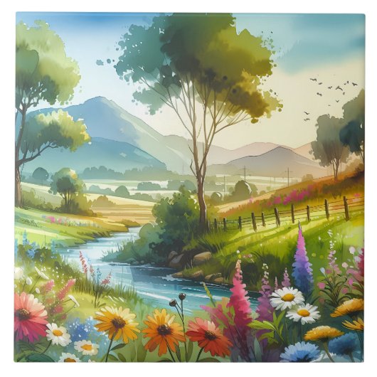 Wildblumen und Strom im Frühlingstal Fliese (Vorderseite)