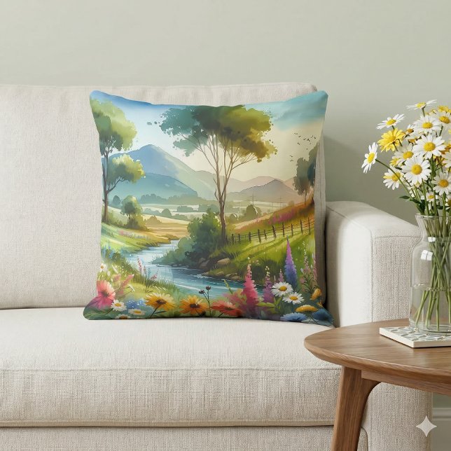 Wildblumen und Strom im Frühlingstal Kissen (Wildflowers and Stream in Spring Valley Throw Pillow Mockup A)