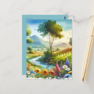 Wildblumen und Strom im Frühlingstal Postkarte