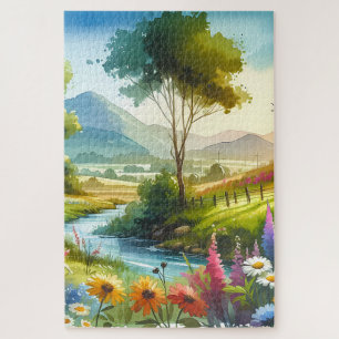 Wildblumen und Strom im Frühlingstal Puzzle
