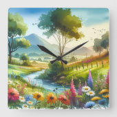 Wildblumen und Strom im Frühlingstal Quadratische Wanduhr (Vorderseite)