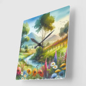 Wildblumen und Strom im Frühlingstal Quadratische Wanduhr (Winkel)