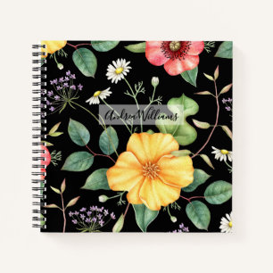 Wildblumen Vintag Zeichnend / Mitternacht Notizblock