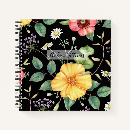 Wildblumen Vintag Zeichnend / Mitternacht Notizblock (Vorderseite)