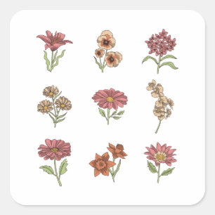 Wildblumen Vintage Blume Botanische Quadratischer Aufkleber