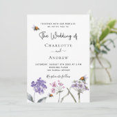 Wildblumen violett rosa QR UAWG Details Hochzeit Einladung (Stehend Vorderseite)