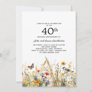 Wildblumen Vögel Schmetterlinge 40 Jahre alt Einladung