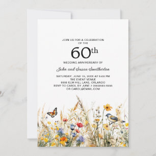 Wildblumen Vögel Schmetterlinge 60 Jahre alt Einladung