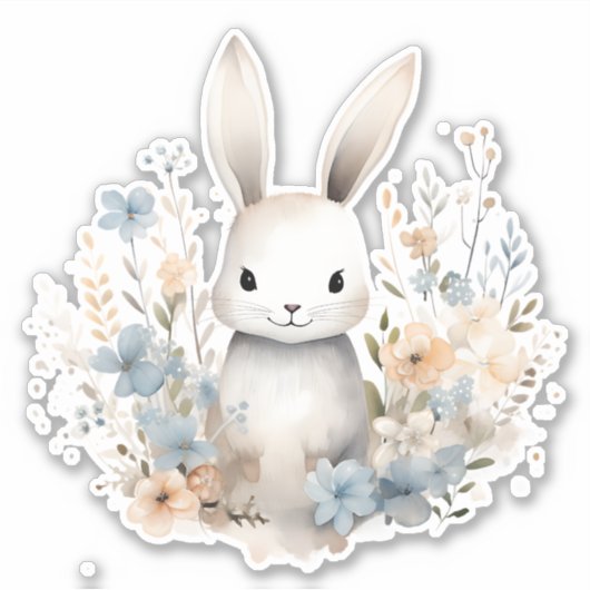 Wildblumen von Blauer und Pfirsich Bunny Rabbit Aufkleber (Vorderseite)
