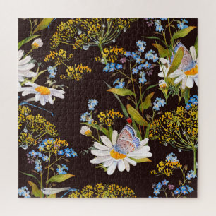 Wildblumen: Wasserfarbe auf schwarzem Hintergrund Puzzle