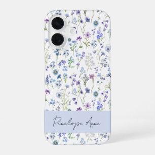 Wildblumen-Wasserfarbe Blau Lila Schrift Name iPhone 16 Hülle