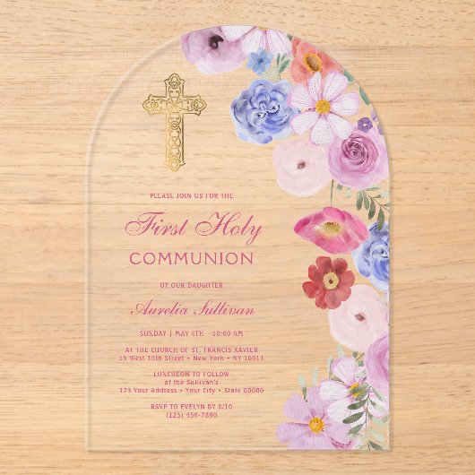 Wildblumen Wasserfarbe Erste Kommune Acryleinladungen (Vorderseite)