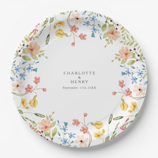 Wildblumen Wasserfarbe Gartenhochzeit Pappteller (Vorderseite)