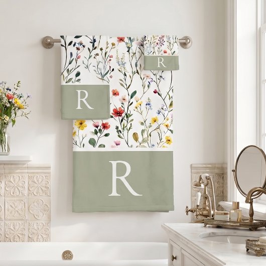 Wildblumen-Wasserfarben-Botanik-Monogramm Badhandtuch Set