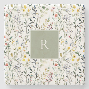 Wildblumen-Wasserfarben-Botanik-Monogramm  Steinuntersetzer