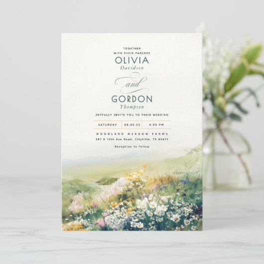 Wildblumen Wasserfarbenwelt Hochzeit auf Wiesen Einladung (Stehend Vorderseite)