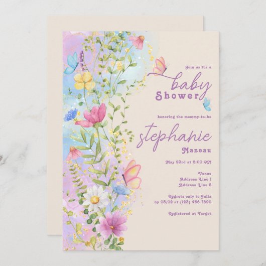 Wildblumen Whimsical Butterfly Garden Baby Dusche Einladung (Vorne/Hinten)