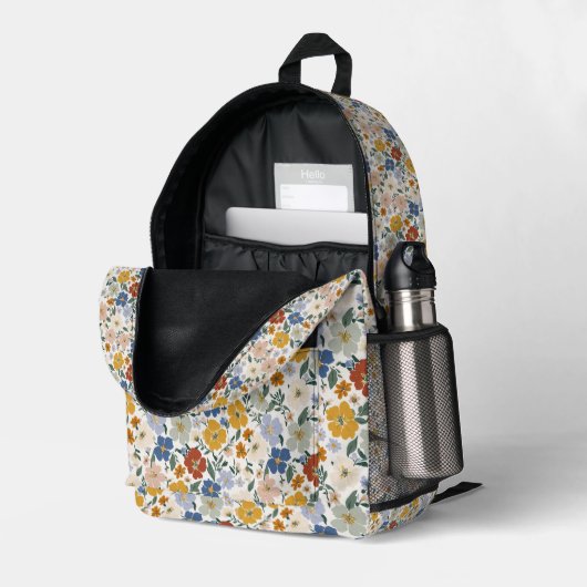 Wildblumen-Wiese Boho-Muster Bedruckter Rucksack (Rückseitige Ecke links (Offen) )
