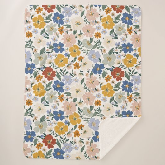 Wildblumen-Wiese Boho-Muster Sherpadecke (Vorderseite)