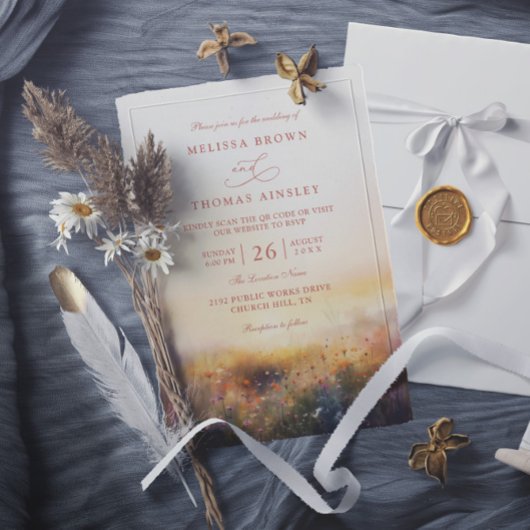 Wildblumen Wiese Erdige Elegante QR-Code Hochzeit Einladung