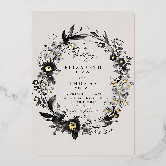 Wildblumen Wreath Modern Gold Hochzeit Folieneinladung (Vorderseite)