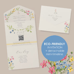 Wildblumen-Zeitstrahl Aquarell-Hochzeit All In One Einladung