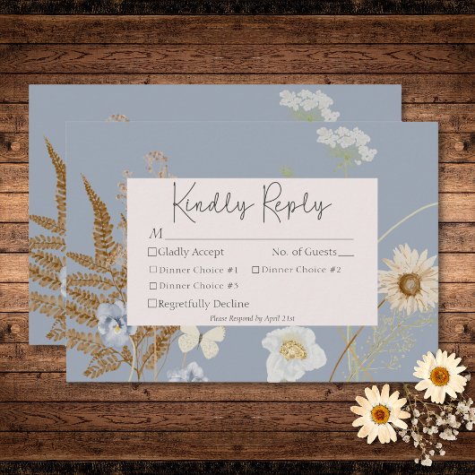 Wildblumen zum Dusty Blue Wedding Drei Dinner RSVP Karte