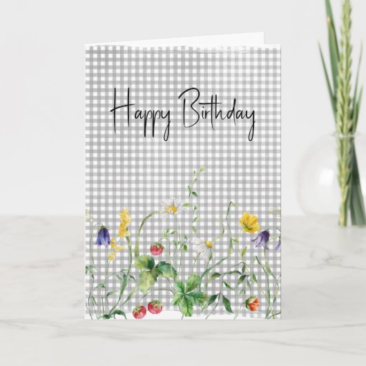 Wildblumen zum Geburtstag auf Silver Gingham Karte (Vorderseite)