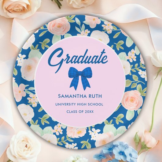 Wildblumenblaue Gingham-Schleifen-Abschlussfeier Pappteller