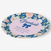 Wildblumenblaue Gingham-Schleifen-Abschlussfeier Pappteller (Schrägansicht)