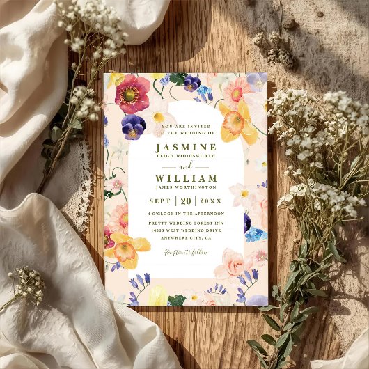 Wildblumenbogen blüht Rustikale QR-Code-Hochzeit Einladung