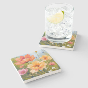 Wildblumenfeld Aquarell Blumen Botanik Steinuntersetzer
